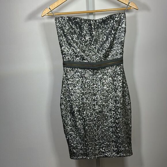 DRESS THE POPULATION Women’s Sequined Ava Strapless Mini Dress Silver Size XS - Picture 4 of 15
